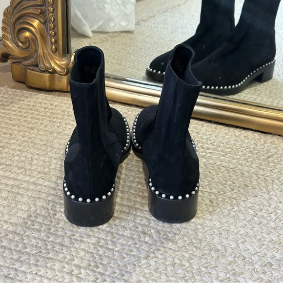 NEW Stuart Weitzman Cline Pearl Embellished Suede Low Heel Bootie Boot Black - Picture 7 of 10